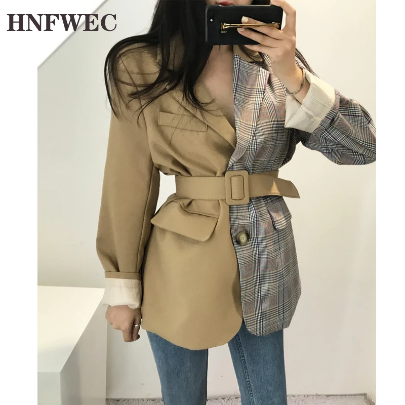 Женское пальто с поясом высокой талией в клетку цветным сочетанием необычный