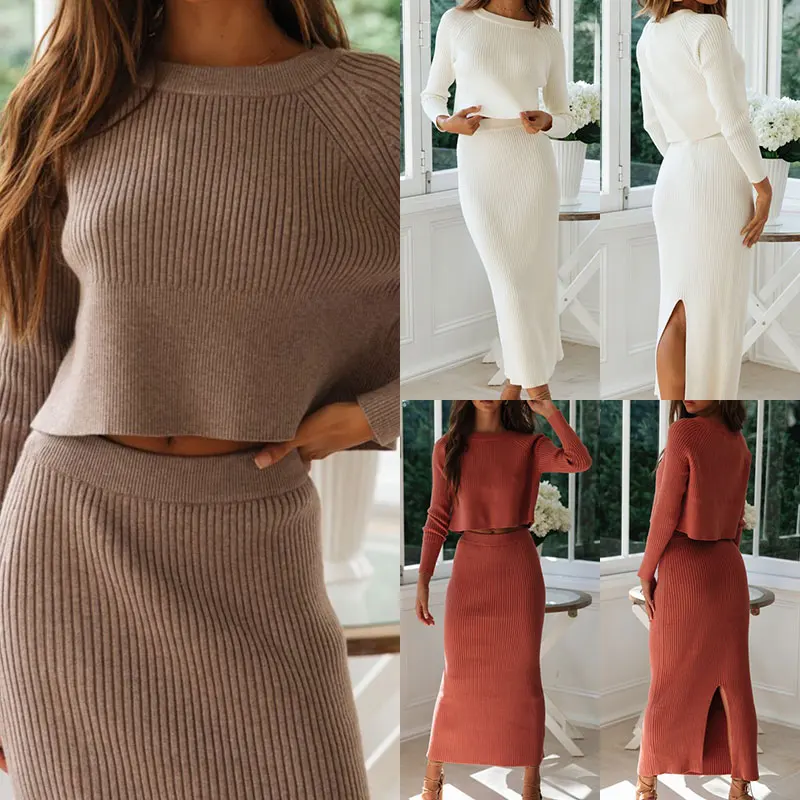 Женский трикотажный костюм с круглым вырезом Однотонный свитер длинными