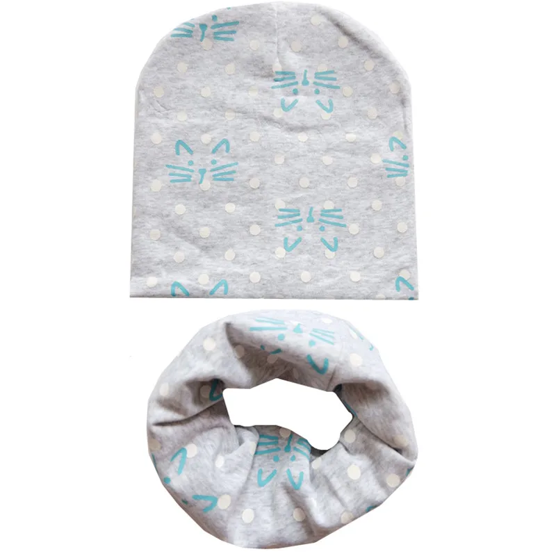 light gray cat 2 шт./компл.; шапка и шарф для малышей из хлопка с мультяшными принтами на весну с принтом детские шапки шарфы для мальчиков и девочек, мягкая шапочка воротник осенний детский головной убор, комплект детской одежды - Цвет: light gray cat