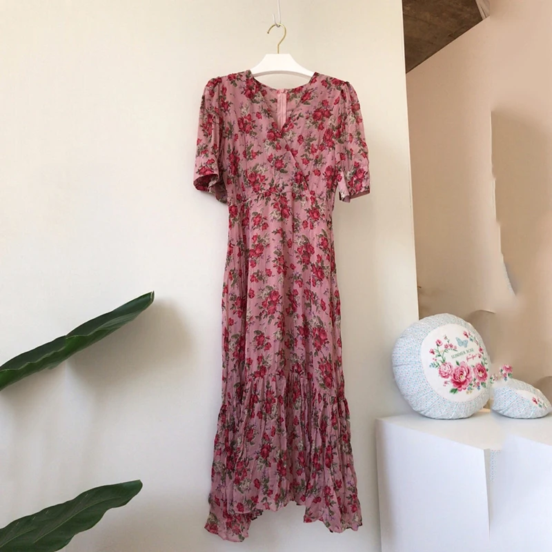 

Sister Fara New Summer 2021 Chiffon Floral Printing Dress for Women V-neck Elegant Trumpet Dresses Female Short Sleeve Dress