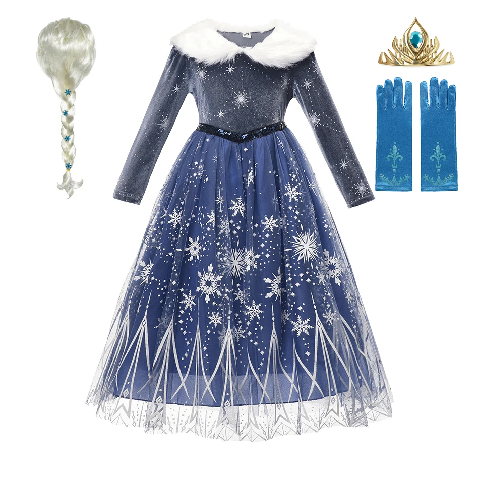 

Kids Princess Costume Anna Elsa 2 Cosplay Fancy Dress Long Sleeve Snowflake Printing Prom Gown for Baby Girls