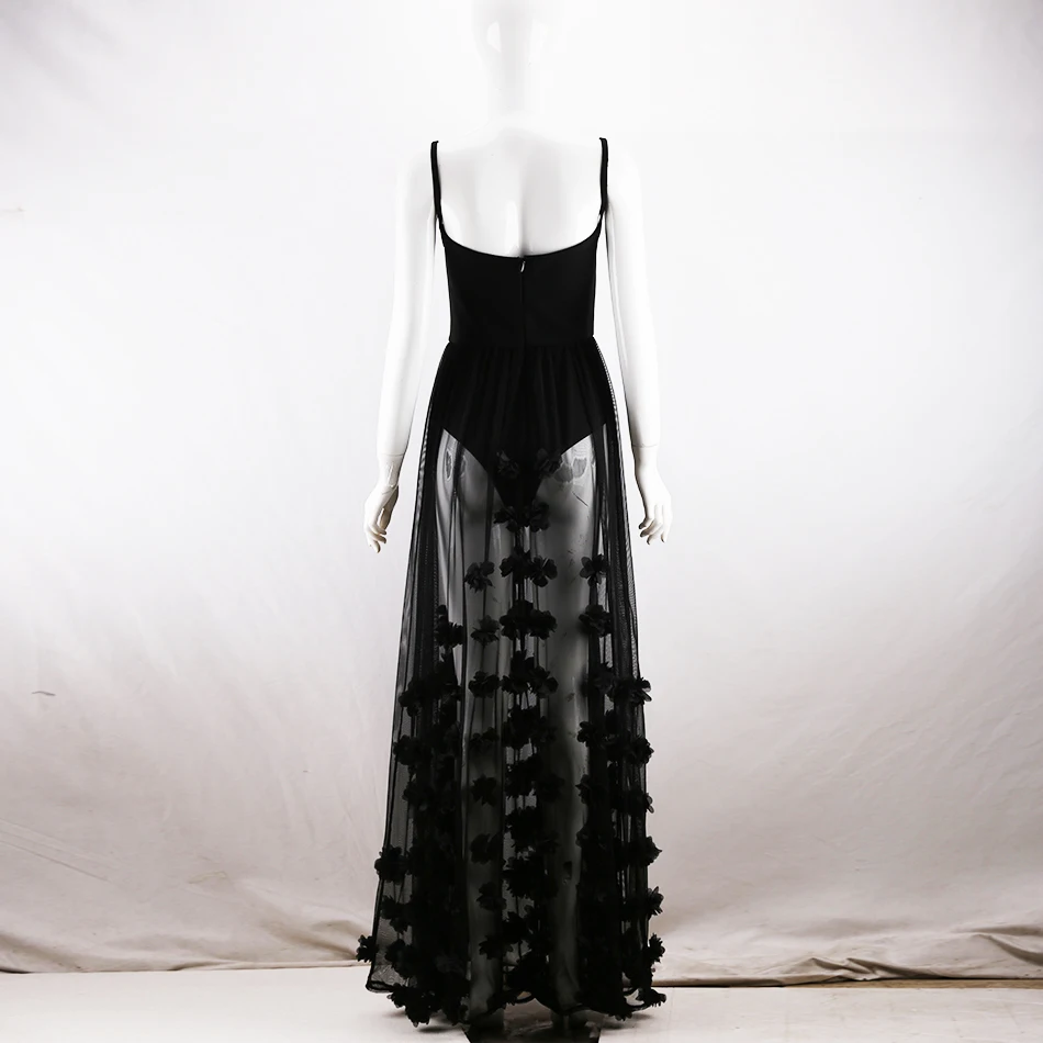 2020 новые летние Для женщин спагетти черный платье из сетчатой ткани с цветочным