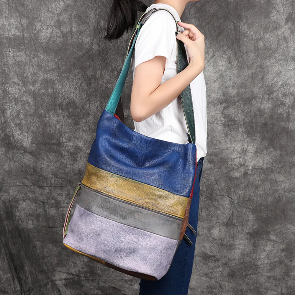 

Retro Women Messenger Bag 100% Genuine Leather Big Flap Patchwork Lady Crossbody Shoulder Purse Vintage Large Handbag
