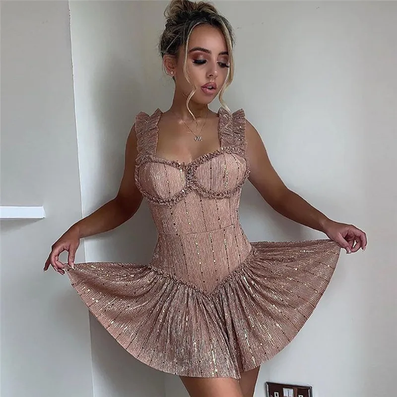 Женское мини-платье с блестками лоскутное Плиссированное квадратным вырезом