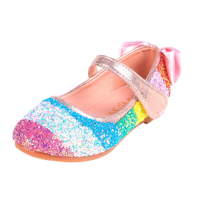 Kids Shoes 2022 Autumn New Girls Rainbow Sequins Princess Shoes Flat Bottom Large Children's Shoes Beans Shoes