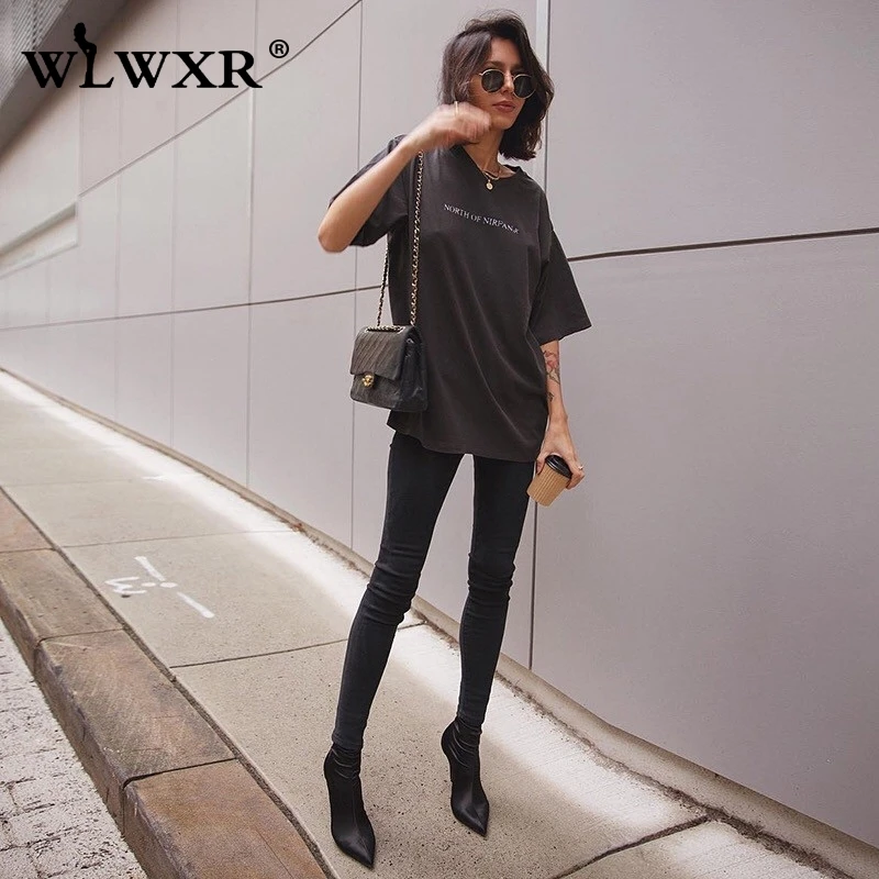 WLWXR Повседневная Harajuku негабаритная футболка Женская Топ с буквенным принтом О-образным вырезом серая летняя свободная длинная футболка женская футболка