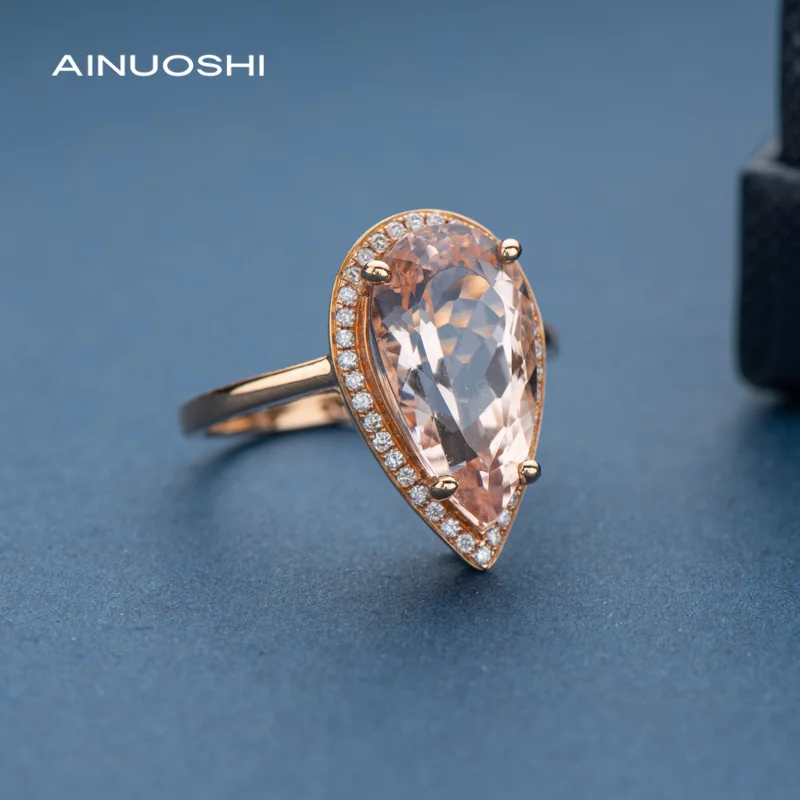 

AINUOSHI Vintage Gemstone Ring 18K Rose Gold Pear Cut 4.915ct Morganite 0.142ct Natural Diamond Halo Engagement Wedding Ring