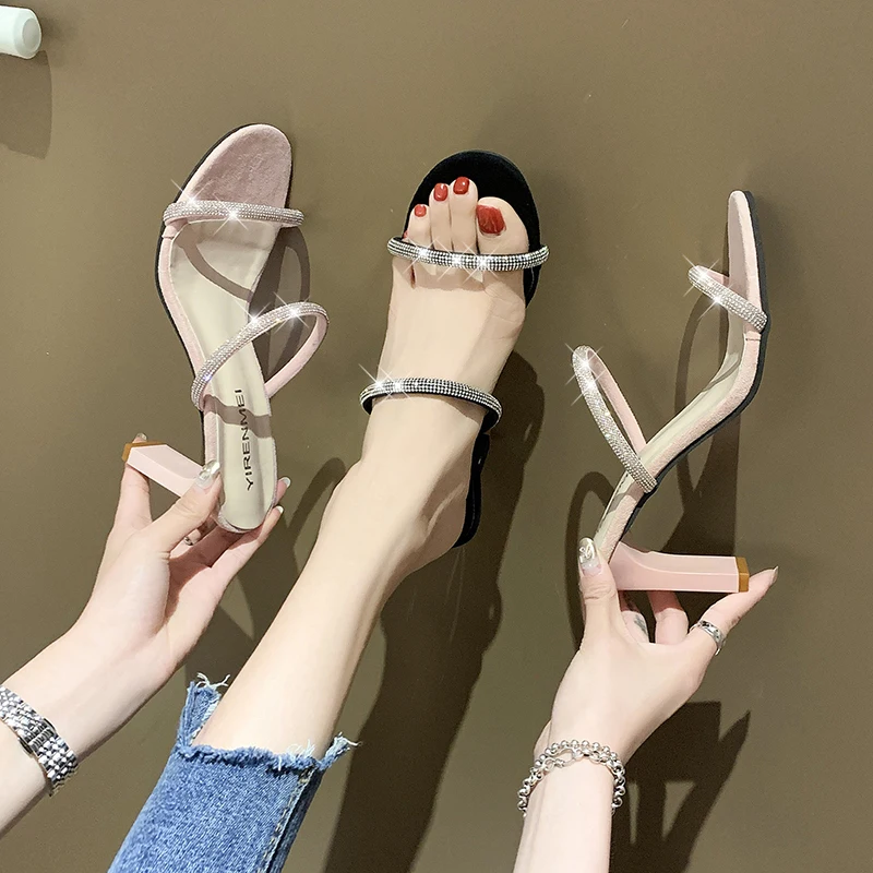 

High-Heeled Shoes Lady Glitter Slides Ladies' Slippers Slipers Women Med Square heel Fashion Flock Jelly Summer 2021 Block