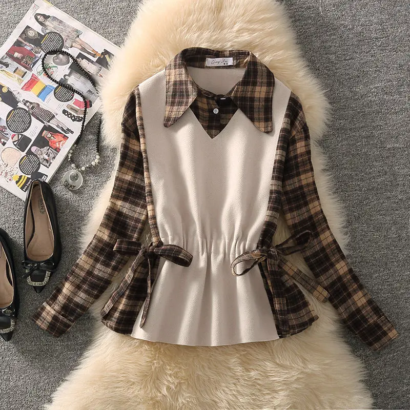 Женская теплая рубашка в клетку повседневная шерстяная блузка стиле пэчворк с