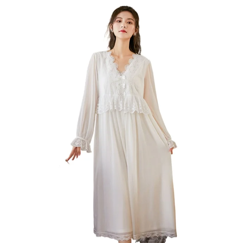 

Long sleeve modal nightdress women's Spring Court style mesh Princess embroidered lace household clothes can be worn outside