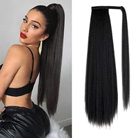 black long clip in drawstring ponytail extension wrap around long yaki straight pony tail hair 28 inches synthetic hairpiece
