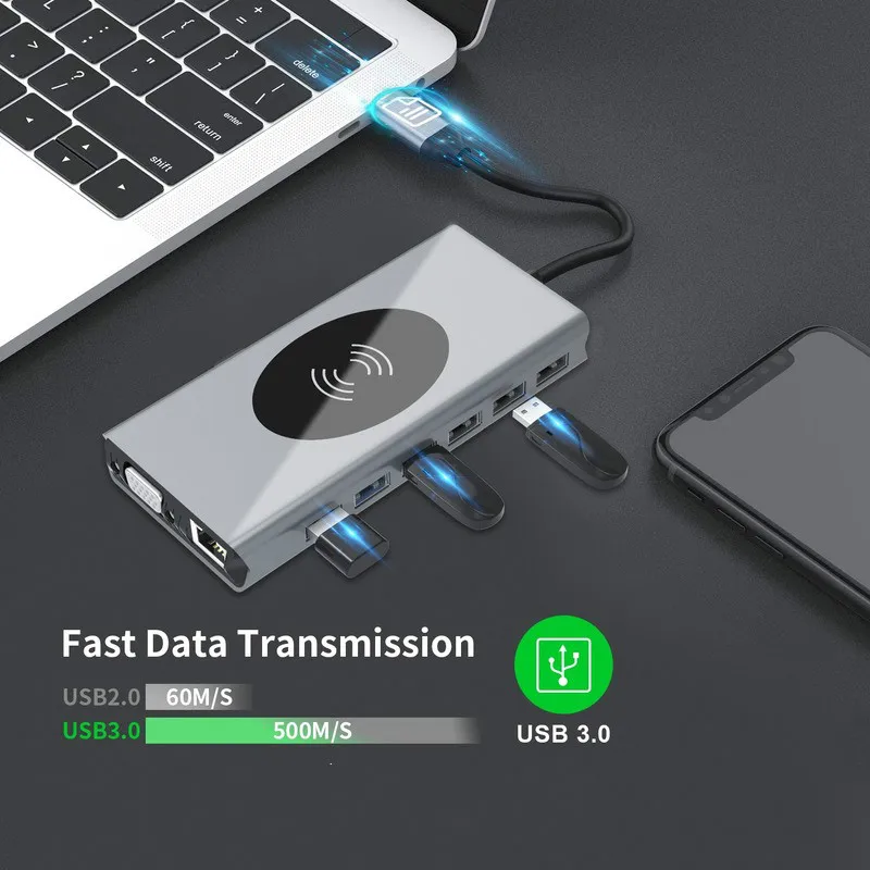 Basix USB Type C концентратор HDMI совместимый RJ45 беспроводной зарядки SD TFCard сплиттер для