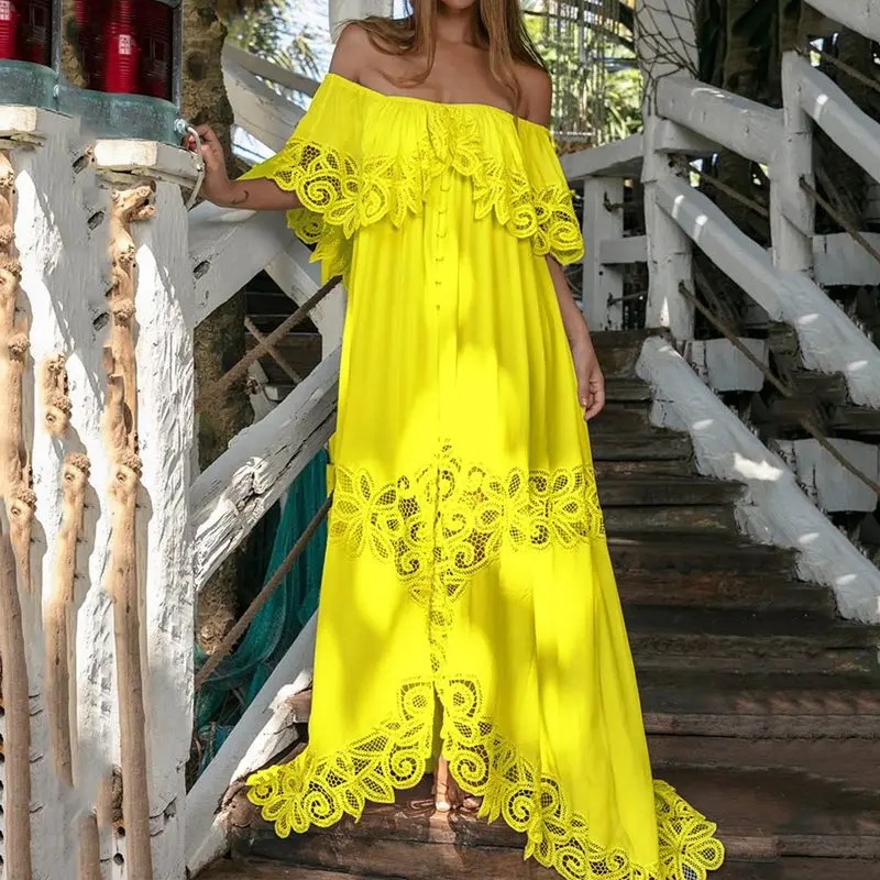 Женское богемное Кружевное платье макси на одно плечо повседневное