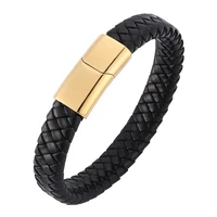 fashion men bracelet black braided leather bracelet gold stainless steel magnetic buckle male bracelet bangles gift pd0229