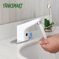 YANKSMART White Bathroom Vessel Basin Automatic Hand Sensor Faucet Deck Mount Mixer Water Tap With Chrome Cover Plate Combo Kit