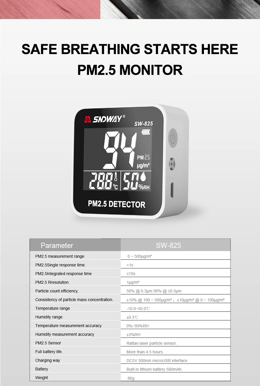 SNDWAY PM 2,5 монитор качества воздуха PM2.5 детектор перезаряжаемый мини-измеритель температуры анализатор туманообразного газа детектор газа