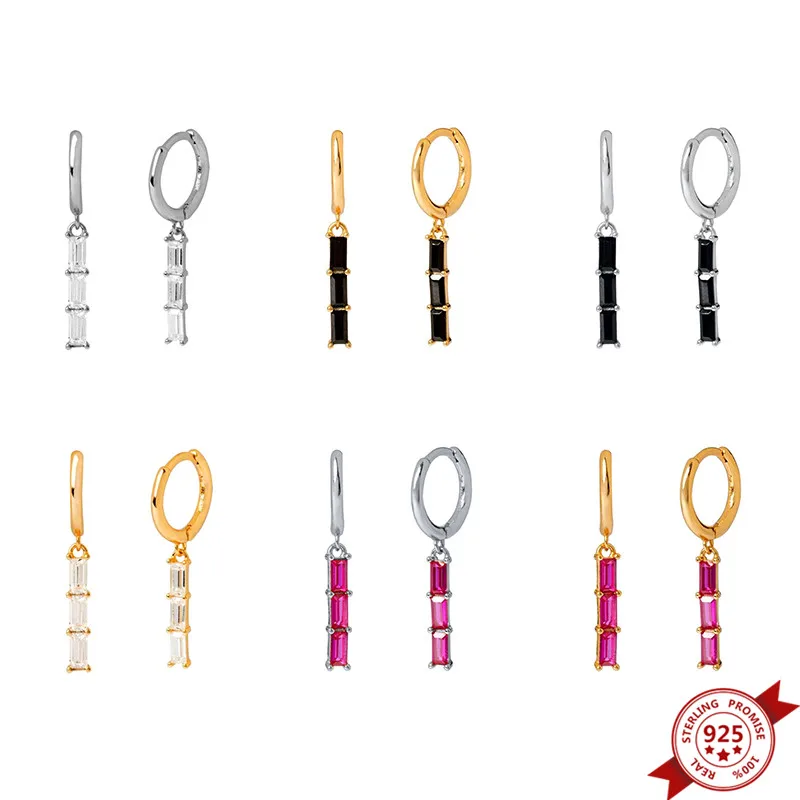 Женские серьги кольца из серебра 925 пробы с черным/белым/розово красным