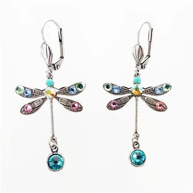 

New Exquisite Shiny Colorful Rhinestone Earrings Bohemian Style Simple Long Dragonfly Pendant Earrings Ladies Jewelry Gift