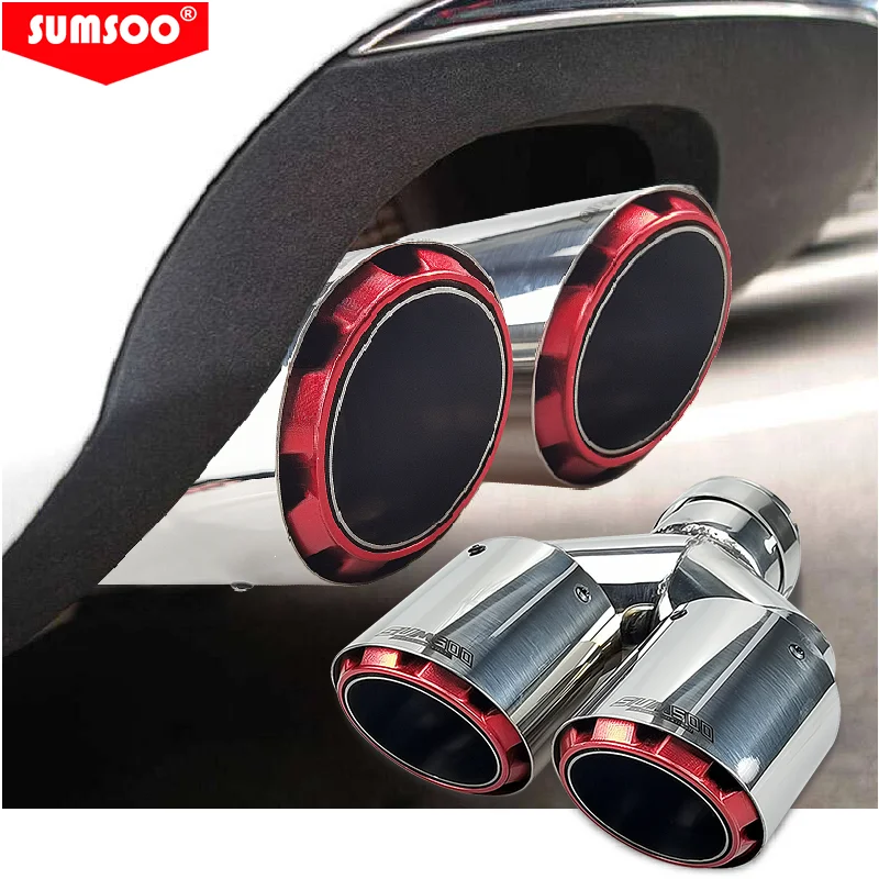 

genuine SUMSOO new style Double-Outlet silver stainless steel +red plated Car Decoration Exhaust Pipe