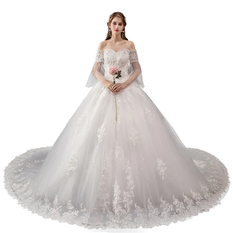 Bride Shoulder Large Size Lace Long Tailed Court Shiny mermaid boho Dress beach ball gown Wedding dresses floor length gowns | Свадьбы и