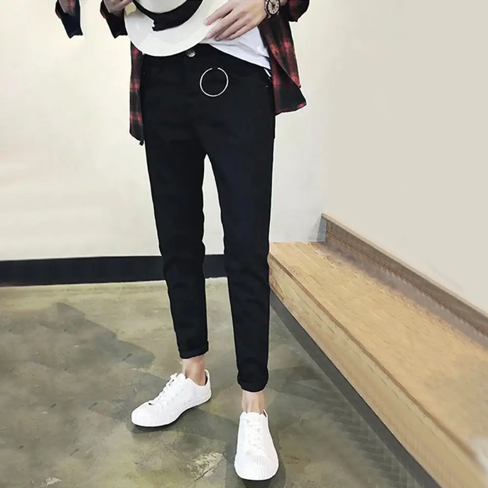 

Fashion Trousers Spring Autumn Mid Waist With Ring Thin Elastic Zipper Skinny Denim Men Jeans Pencil Pants Casual