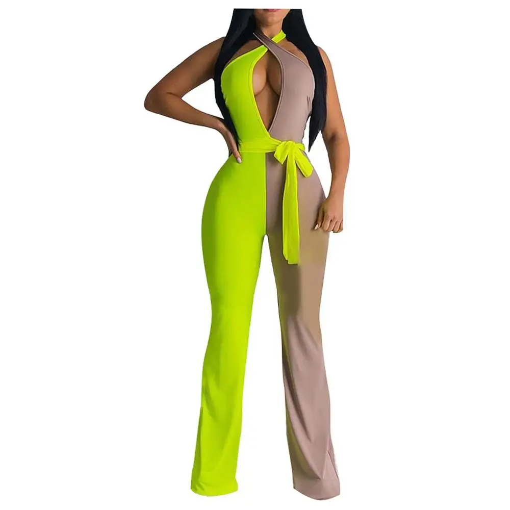 Женский неоновый комбинезон в стиле пэчворк летний клубный с открытой спиной и