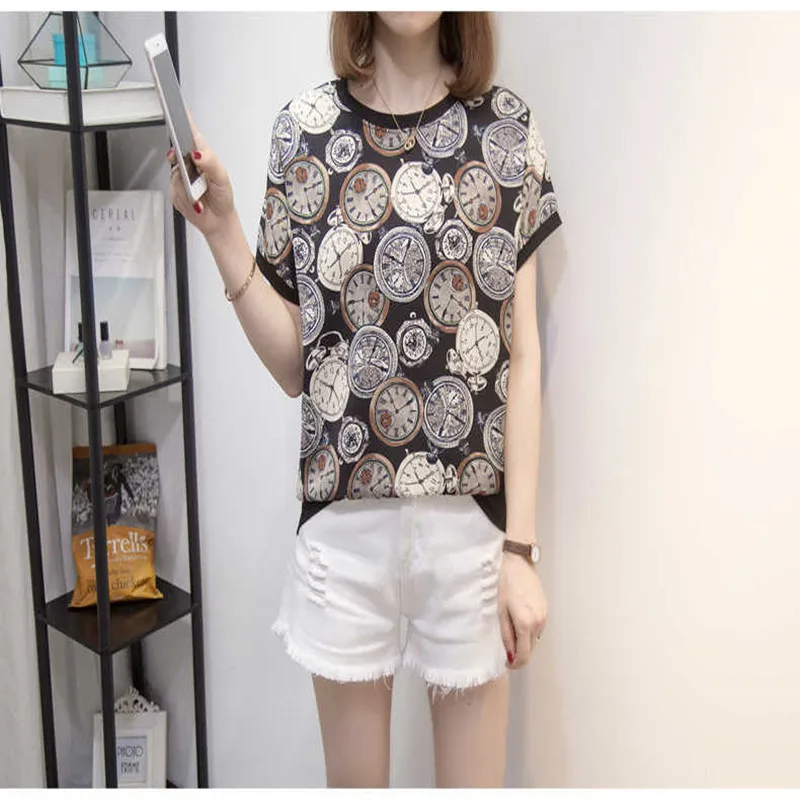 

2022 тонкая летняя женская футболка с коротким рукавом, шифоновая, в стиле пэчворк, модная, винтажная, с принтом, свободная, уличная женская од...