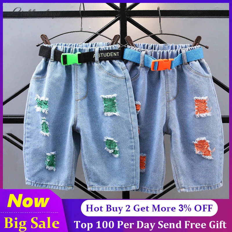 

2020 Fashion Shorts For Girls Autumn Winter Hole Printed Denim Pants Kids Jeans Kids Trousers For Teenagers Ripped Jeans 2-12 Y