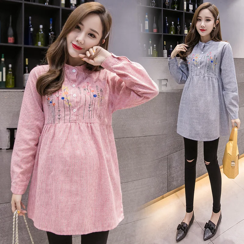 Платья с вышивкой и длинным рукавом для беременных платья блузки Рубашки Топы