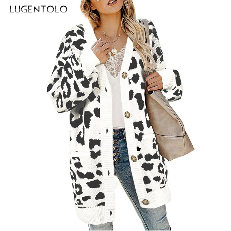

Lugentolo Women's Mid-Length Sweater Loose V-nec Sweet Leopard Cardigan Casual Pocket Single-breasted Female Fashion Sweaters