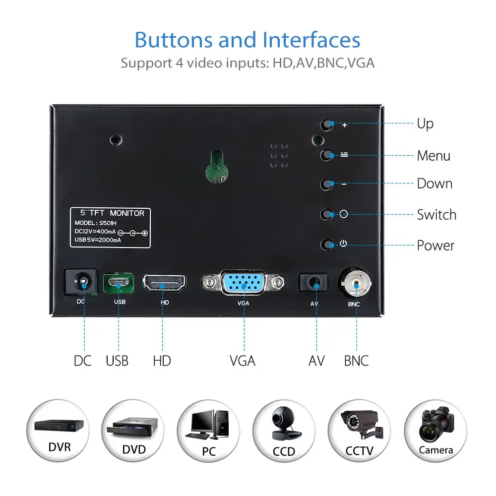 Мини монитор Eyoyo S501H IPS 5 дюйма 1024X768 HDMI VGA BNC AV USB|Монитор и дисплей для CCTV| |