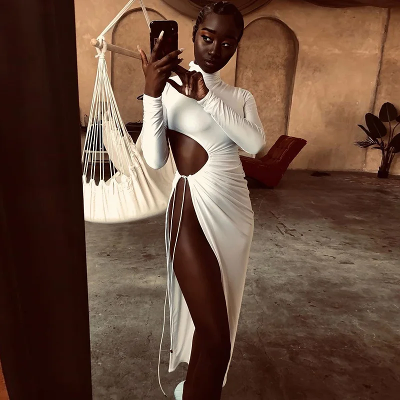 

Autumn Women Sexy Elegant Dress Long Sleeve Turtleneck High Split Maxi Dress Solid Hollow Bandage Bodycon Club Sexy Dresses 2021