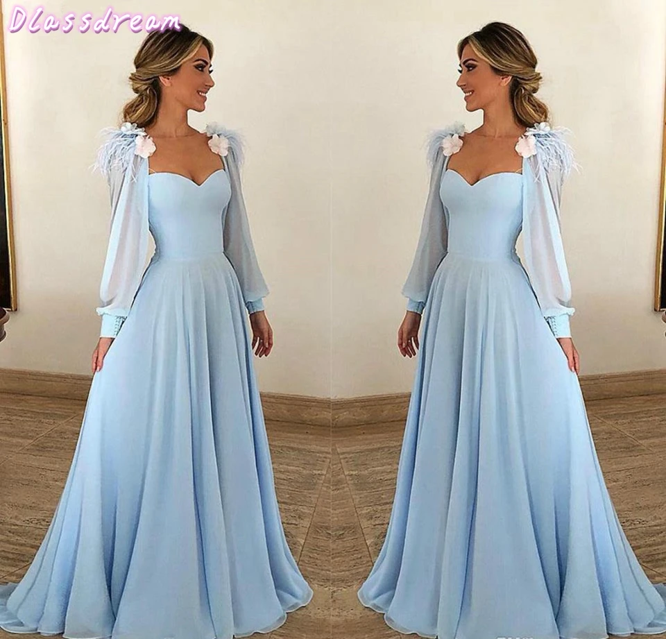 

Light Blue Chiffon Evening Dresses 2020 Women Formal Party Night Robe De Soiree Elegant Vestidos De Gala Long Sleeves Prom Dress