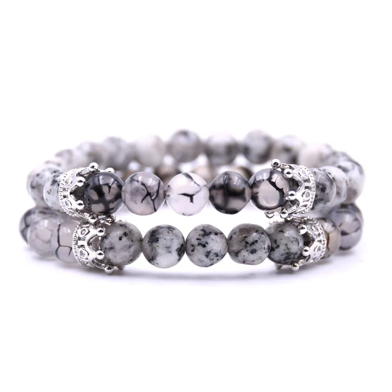 HYHONEY 2pcs/set Couple jewelry Natural stone 8mm Beads Bracelets For Women Pave CZ Crown charm Bracelet Men pulseiras | Украшения и