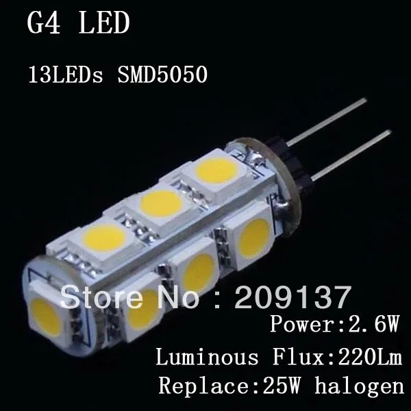 

G4 led 2.6W 5050 13MD 220LM Warm white/Cool white LED G4 Bulb Lamp High Lumen Energy Saving 12V Free Shipping 100pcs/lot