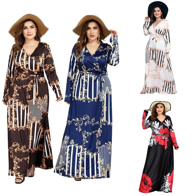 

Сезон весна-осень; С модным принтом Пляжное длинное платье для женщин размера плюс, сексуальный глубокий v-образный вырез, с поясом, на кажды...