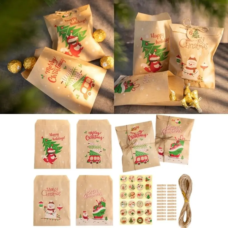

24sets Chritsmas Kraft Paper Gift Bags Party Favor Treat Packing Set Cookies Pouch with Xmas Stickers New Year party Gift Bags