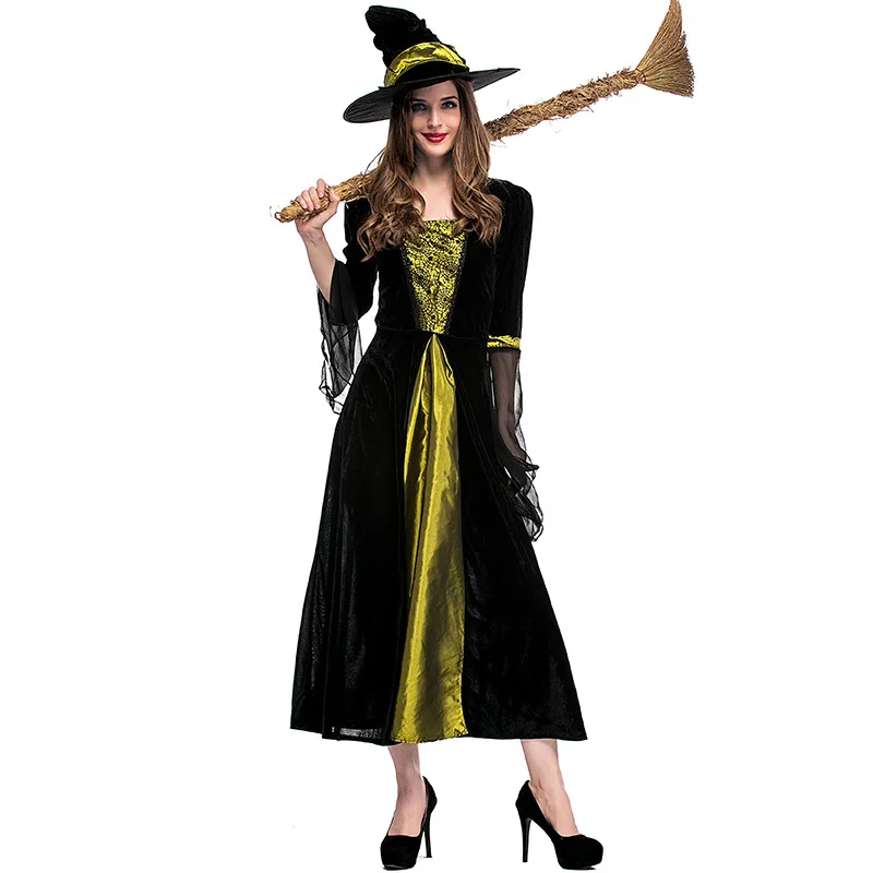 

Womens adult halloween carnival party party theater performance black and yellow witch costumes