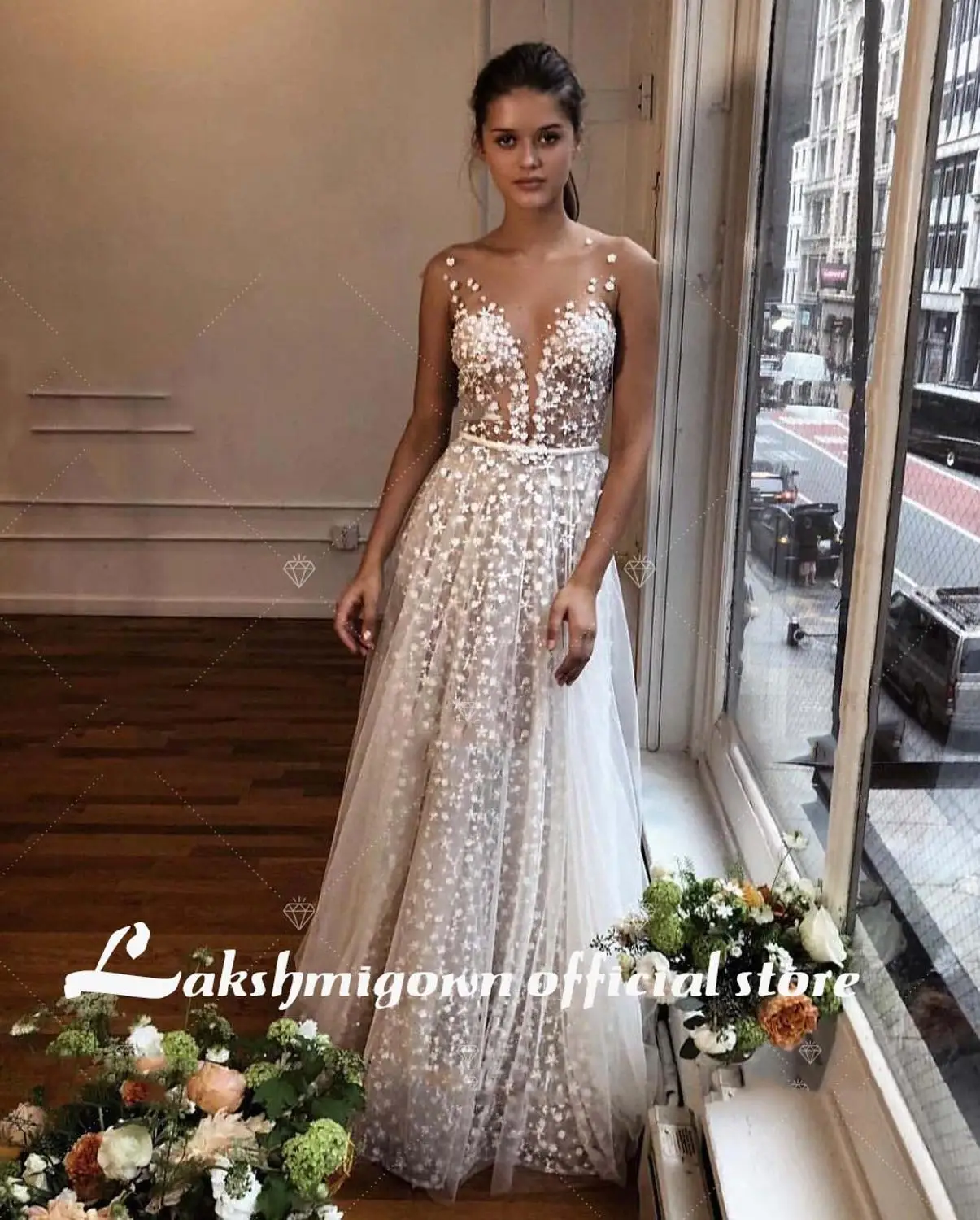 

2020 See Through Beach Wedding Dresses Sheer Neck Lace Appliqued Bridal Gown A Line Boho Simple Wedding Dress With Bow