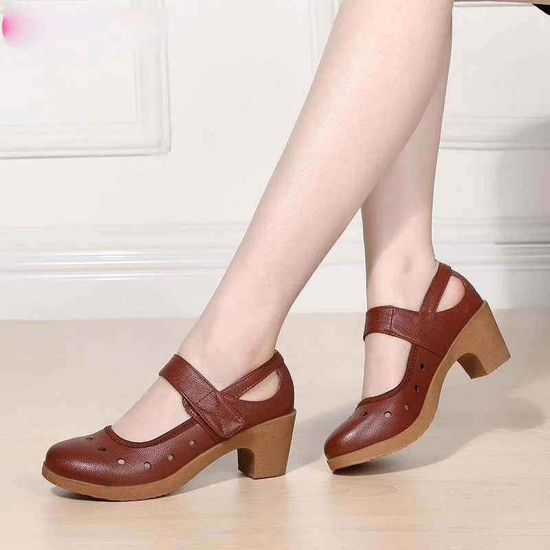 

2021 Cut Out Women Pumps Breathable Women Shoes Hook&Loop Thick High Heels Soft Mary Janes Dancing Shoes Leather