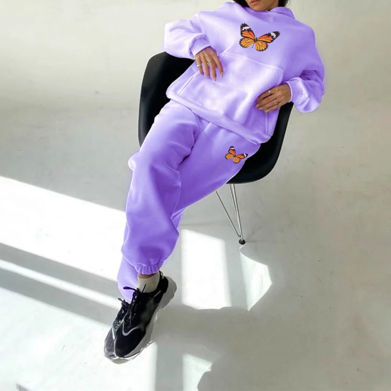 

2021 Autumn Winter Sports Suits For Women Butterfly Print Tracksuit Women's Suit Homewear Fleece Oversized Hoodie Pants Set