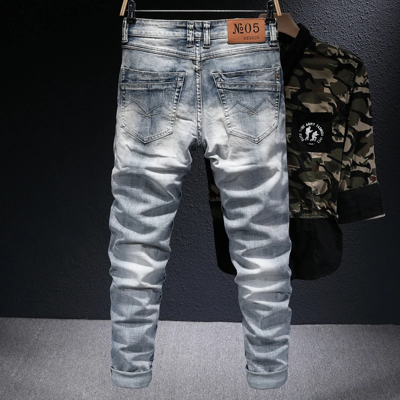 European Street Fashion Men Jeans Retro Light Blue Elastic Slim Ripped Jeans Men Embroidery Designer Hip Hop Denim Pencil Pants