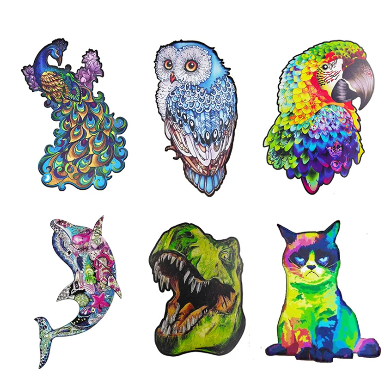 

Special Shaped Animal Wooden Jigsaw Puzzle Owl Dinosaur Dolphin Peacock Cat Parrot Adult Youth Children Gift Building Block Toy