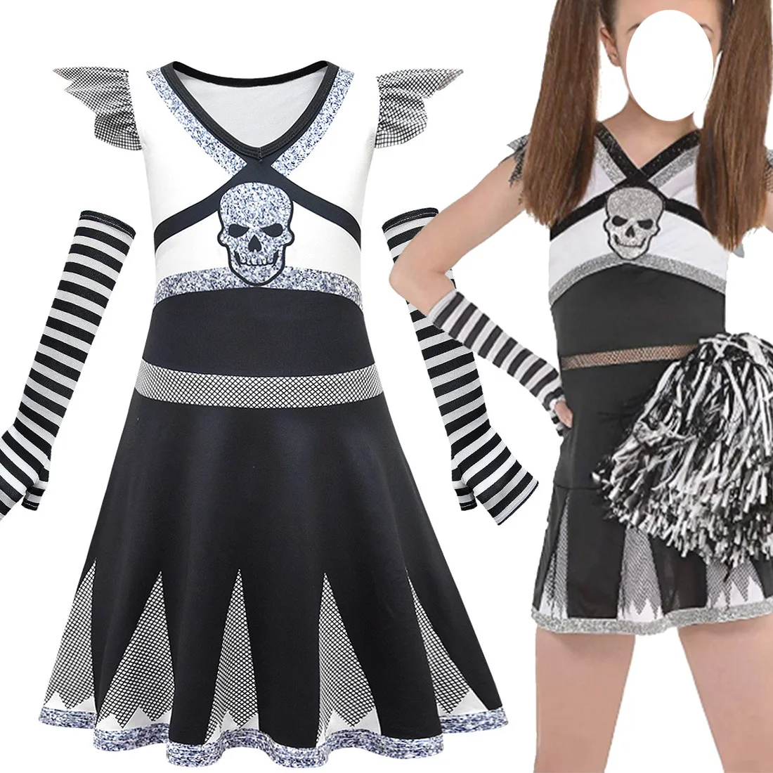 

Kids Zombies 2 Addison Cosplay Carnival Halloween Skeleton Costume for Girls Fancy Dress Cheerleader Outfits Funny Party Clothes