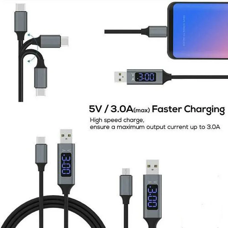 1 м usb type C Micro USB кабель для Xiaomi huawei samsung Быстрая зарядка USB C кабель с светодиодный цифровым дисплеем кабель для мобильного телефона