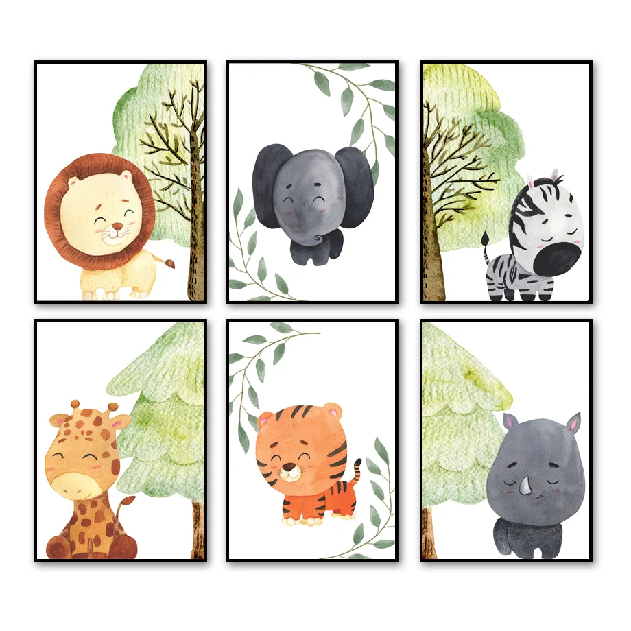 

Cartoon Animals Giraffe Lion Rhino Zebra Tiger Nordic Child Wall Art Canvas Painting Posters And Prints Pictures Kids Room Decor