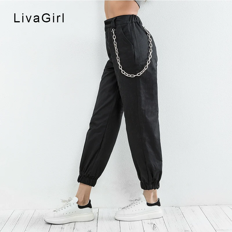 Solid Streetwear Beam foot cargo pants Joggers High Waist Loose Female Trousers | Женская одежда
