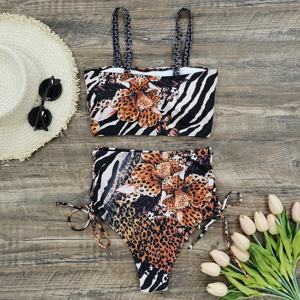

Sexy High Waist Bikini Women's Swimwear 2021 Bandeau Bikini Set Leopard Women's Swimsuit Beach Cover Up Sarong Print Skirt