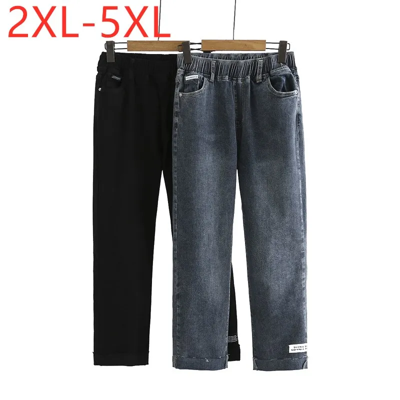 

New 2021 Ladies Spring Summer Plus Size Jeans For Women Large Slim Elastic Cotton Straight Blue Black Denim Trousers 3XL 4XL 5XL