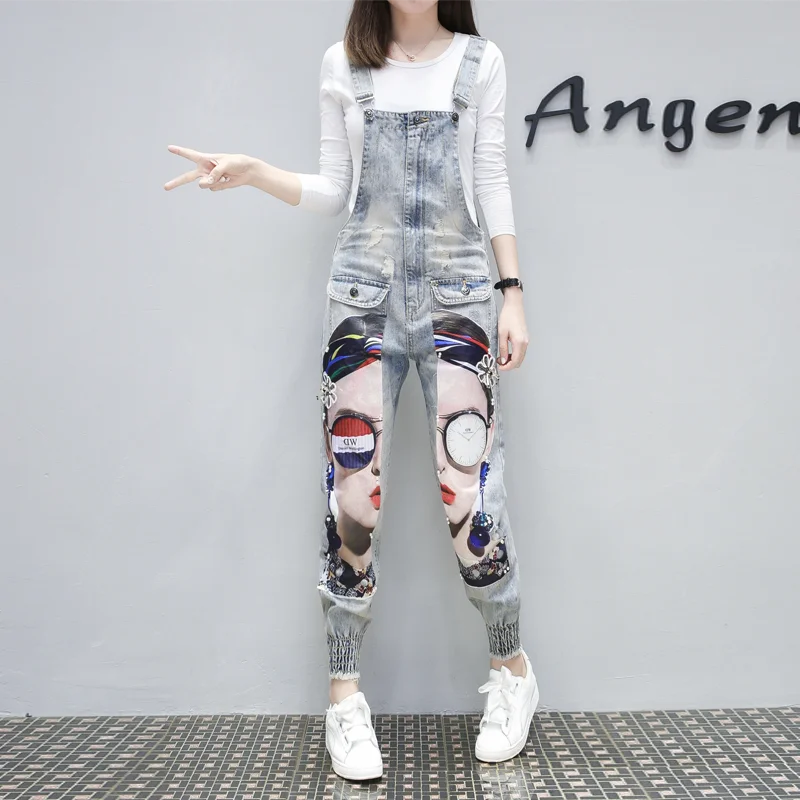 Women Cartoon Cat Print Denim Jumpsuits Rompers Overalls New Hole Ripped Loose Beaded Jeans Pants Female Casual Long Pants